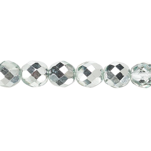 Bead, Czech fire-polished glass, clear with half-coat metallic icy teal, 8mm faceted round. Sold per 15-1/2" to 16" strand. image number 0