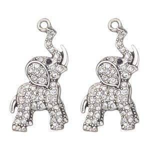 Focal, antique silver-finished "pewter" (zinc-based alloy) and glass, clear and black, 31x18mm single-sided elephant. Sold per pkg of 2.