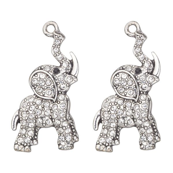 Focal, antique silver-finished "pewter" (zinc-based alloy) and glass, clear and black, 31x18mm single-sided elephant. Sold per pkg of 2. image number 0