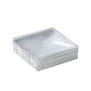 Box, paper, cotton filled, silver and clear, 3-1/2x3-1/2x1 inch square with foil paper and clear lid. Sold per pkg of 10.