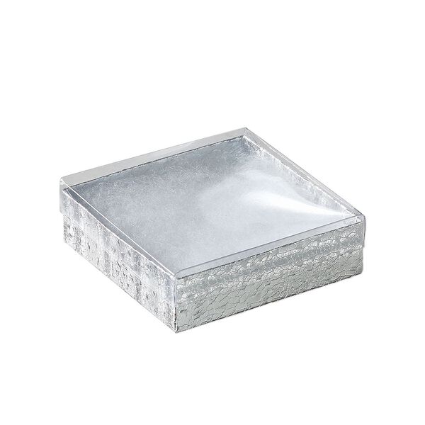 Box, paper, cotton filled, silver and clear, 3-1/2x3-1/2x1 inch square with foil paper and clear lid. Sold per pkg of 10. image number 0
