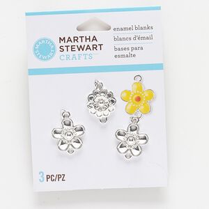 Link, silver-finished "pewter" (zinc-based alloy), 15x13mm and 17x14mm flower enamel blank. Sold per pkg of 3.