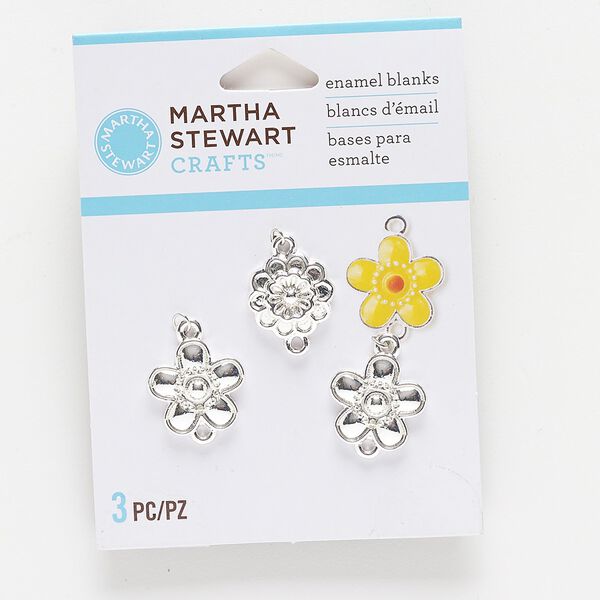 Link, silver-finished "pewter" (zinc-based alloy), 15x13mm and 17x14mm flower enamel blank. Sold per pkg of 3. image number 0