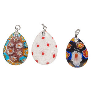 Focal 1pkg3 millefiori glass and silver-finished steel, opaque to transparent mixed colors, 35x25mm-41x31mm puffed teardrop.