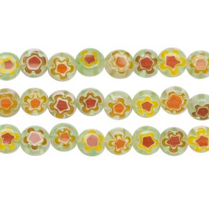 Bead mix, millefiori glass, green, orange, red and white, 6mm puffed flat round with flower design. Sold per pkg of (3) 14-inch strands.