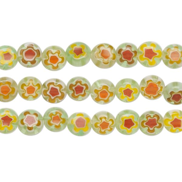 Bead mix, millefiori glass, green, orange, red and white, 6mm puffed flat round with flower design. Sold per pkg of (3) 14-inch strands. image number 0