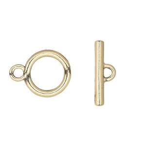 Clasp toggle 1pkg1 gold-plated pewter (tin alloy), 14mm round, 1-strand