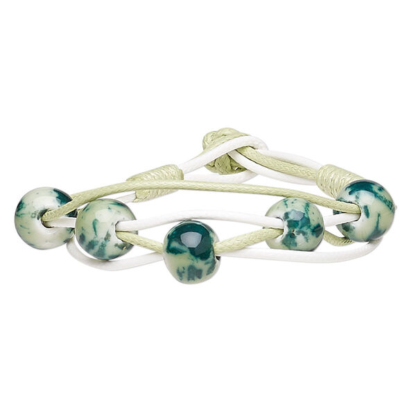 Bracelet, waxed cotton cord and porcelain, light green / green / white, 14mm wide with 12mm round, 7 inches with button clasp. Sold individually. image number 0