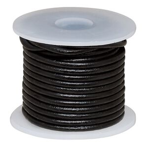 Cord, leather (dyed), black, 2mm round. Sold per 5-yard spool.