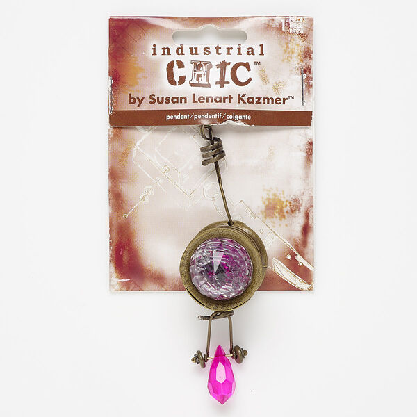Focal, glass / coated acrylic / brass- / antique brass-finished steel / "pewter" (zinc-based alloy), pink and clear, 4x1 inches. Sold individually. image number 0