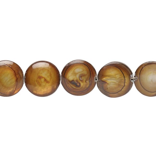 Bead, mother-of-pearl shell (dyed), gold, 10mm flat round with 0.6-1mm hole, Mohs hardness 3-1/2. Sold per 15-inch strand. image number 0