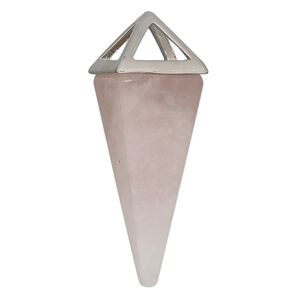 Rose quartz / "pewter" (zinc-based alloy) 1pkg1, imitation rhodium-finished hand-cut 4-sided point focal natural 36x15mm-42x15mm