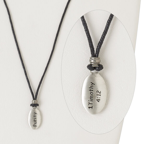 Necklace, "pewter" (zinc-based alloy) and waxed cotton cord, black, 23x14mm two-sided oval with "Purity" and "1 Timothy 4:12", adjustable up to 26 inches. Sold individually. image number 0