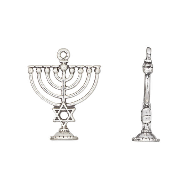 Drop, antiqued sterling silver, 18x17mm menorah. Sold individually. image number 0