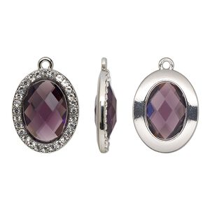 Drop, glass / glass rhinestone / imitation rhodium-finished "pewter" (zinc-based alloy), clear and transparent amethyst purple, 23.5x19mm single-sided oval. Sold per pkg of 2.