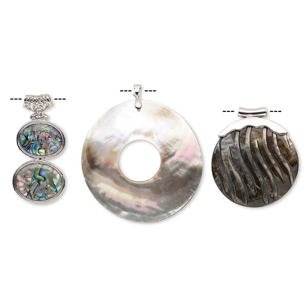 Pendant mix, epoxy / multi-shell (natural / dyed / assembled) / imitation rhodium-finished brass, mixed colors, 26x25mm-70x70mm mixed shape. Sold per pkg of 3. image number 0