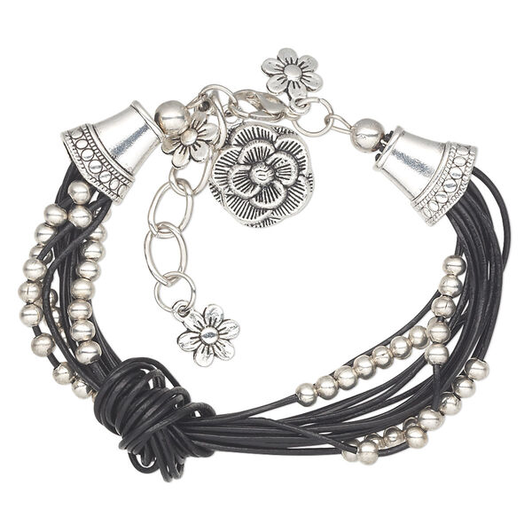 Bracelet, multi-strand, leather (dyed) / antique silver-coated acrylic / antique silver-plated steel / "pewter" (zinc-based alloy), black, flower, 6 inches with 1-inch extender chain and lobster claw clasp. Sold individually. image number 0