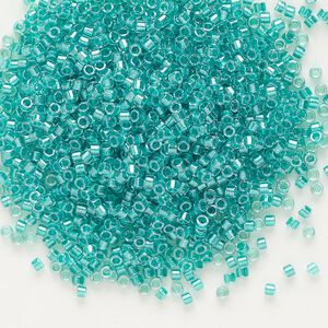 Seed bead, Delica®, glass, pkg/250g, #11 round, translucent teal green-lined luster crystal clear (DB-0904).