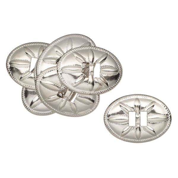 Slide, silver-finished steel, 47x34mm textured oval, (2) 10x4.5mm rectangle holes. Sold per pkg of 10. image number 0