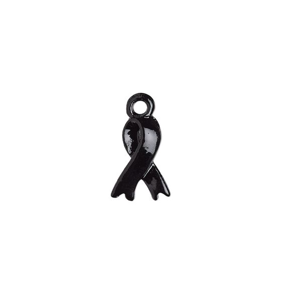Charm, enamel and pewter (tin-based alloy), black, 10.5x7mm 3D awareness ribbon. Sold per pkg of 2. image number 0