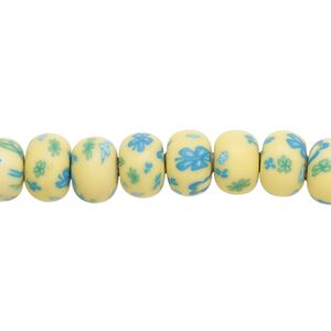 Bead, polymer clay, opaque yellow / blue / green, 8x6mm rondelle with flower design. Sold per 15-1/2" to 16" strand.