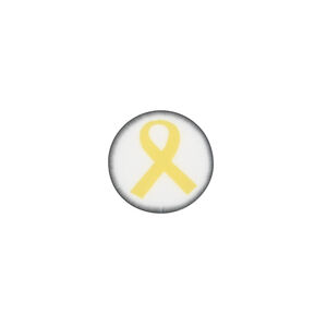 Bead, polymer clay, white / black / yellow, 14mm double-sided flat round with awareness ribbon. Sold per pkg of 30.