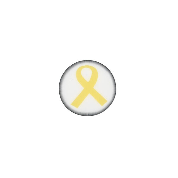 Bead, polymer clay, white / black / yellow, 14mm double-sided flat round with awareness ribbon. Sold per pkg of 30. image number 0
