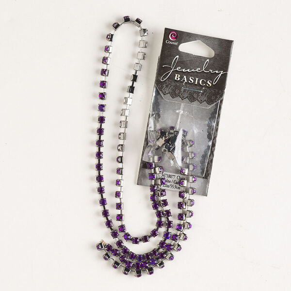 Cupchain, imitation rhodium-finished brass and glass, purple, 3mm wide, 22 inches with (8) connectors. Sold individually. image number 0