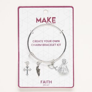 Bracelet and charm assortment, antique silver-finished brass and nylon, silver, Faith theme, 7-1/2 inches. Sold per 5-piece set.