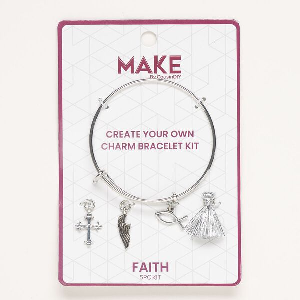 Bracelet and charm assortment, antique silver-finished brass and nylon, silver, Faith theme, 7-1/2 inches. Sold per 5-piece set. image number 0
