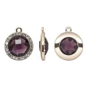 Drop, glass / glass rhinestone / gold-finished "pewter" (zinc-based alloy), clear and transparent amethyst purple, 19mm single-sided round. Sold per pkg of 2.