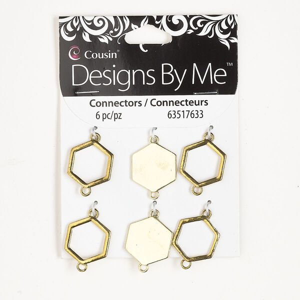Link assortment, gold- and brass-finished "pewter" (zinc-based alloy) and brass, 18mm-19x17mm hexagon and open hexagon. Sold per pkg of 6. image number 0