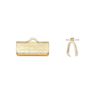 Ribbon crimp end, gold-plated brass, 13x6mm textured rectangle. Sold per pkg of 100.