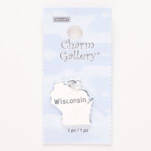 Charm, steel and enamel, pkg/1, silver finish and black, 24x22mm with "Wisconsin."