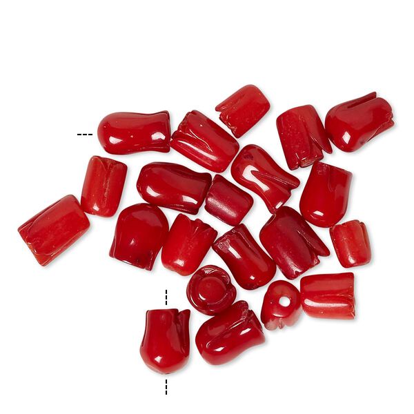 Bead mix, bamboo coral (dyed), red, 4mm-7x6mm carved tulip, B- grade, Mohs hardness 3-1/2 to 4. Sold per pkg of 20. image number 0