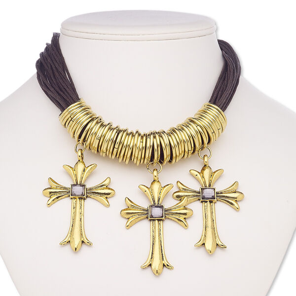 Necklace, multi-strand, waxed cotton cord / acrylic / antique gold-coated plastic / gold- / antique gold-finished steel / brass / "pewter" (zinc-based alloy), brown and grey, 2-3/4 x 1-3/4 inch three cross, 16 inches with 2-inch extender chain and lobster claw clasp. Sold individually. image number 0