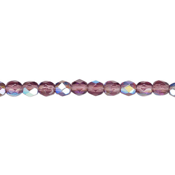 Bead, Czech fire-polished glass, amethyst purple AB, 4mm faceted round. Sold per 15-1/2" to 16" strand. image number 0