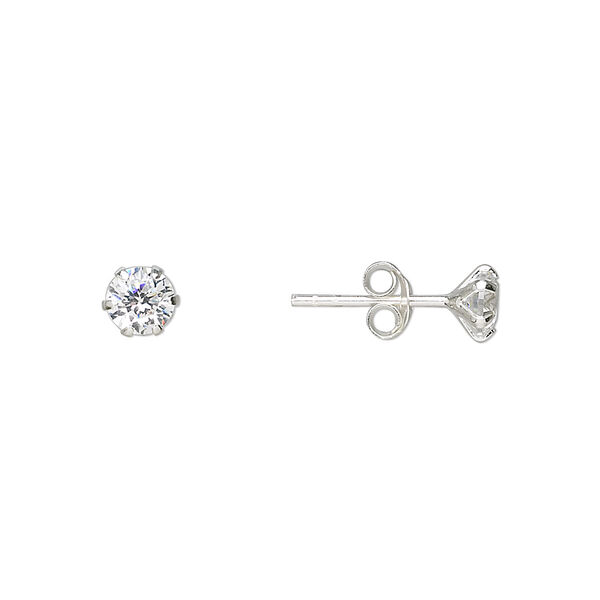 Earstud, sterling silver and cubic zirconia, clear, 5mm round with post. Sold per pair. image number 0