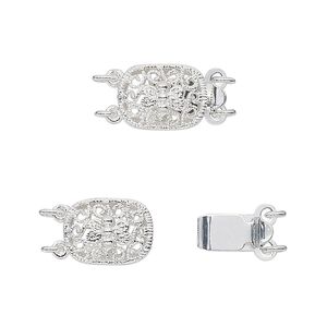 Clasp tab 1pkg4 silver-plated, 12x9mm filigree oval, brass 2-strand