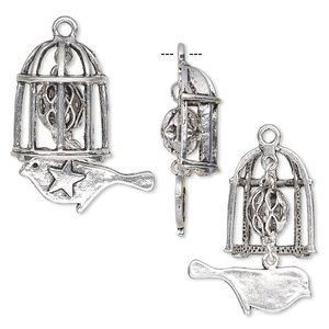 Focal, antique silver-plated "pewter" (zinc-based alloy), 41x28mm single-sided birdcage with cutout round and bird with star. Sold individually.