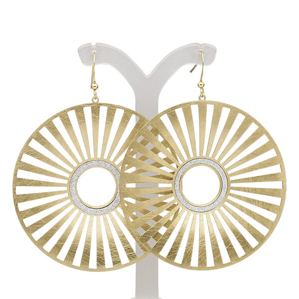 Earring, gold-finished brass, silver with glitter, 3 inches with scratched round donut and cutout design with fishhook ear wire. Sold per pair. image number 0