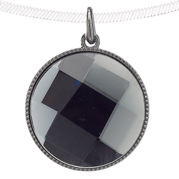 Pendant, glass and gunmetal-finished "pewter" (zinc-based alloy), grey, 38mm flat round. Sold individually. image number 0