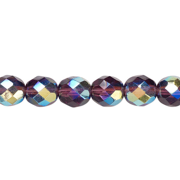 Bead, Czech fire-polished glass, amethyst purple AB, 8mm faceted round. Sold per 15-1/2" to 16" strand. image number 0