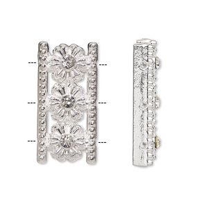 Spacer, glass rhinestone and silver-plated "pewter" (zinc-based alloy), clear, 26x13mm 3-strand with flowers, fits up to 7mm bead. Sold per pkg of 10.