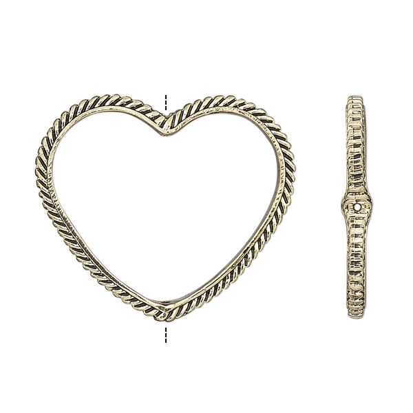 Bead frame, antique gold-finished "pewter" (zinc-based alloy), 28x24mm open heart with rope edge, fits up to 16mm bead. Sold per pkg of 2. image number 0