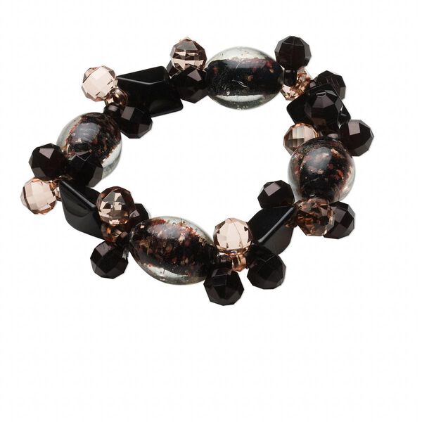 Bracelet, stretch, lampworked glass and acrylic, black / light brown / clear with copper-colored glitter, 25mm wide with 23x18mm oval, 8 inches. Sold individually. image number 0