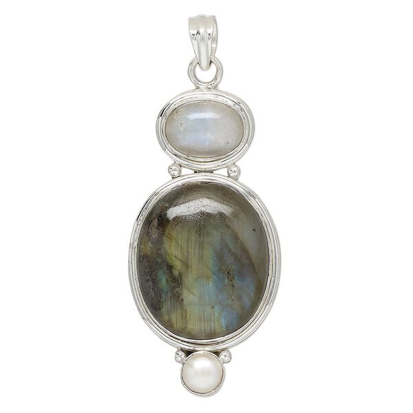 Pendant, rainbow moonstone (natural) / labradorite (natural) / antiqued sterling silver, 62x30mm oval and round. Sold individually. image number 0