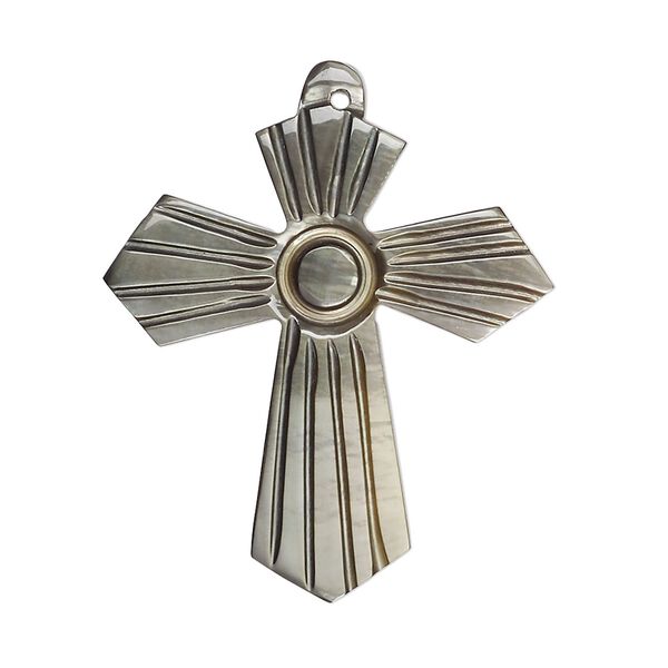 Focal, black lip shell (natural), 36x29mm hand-cut single-sided carved cross, Mohs hardness 3-1/2. Sold individually. image number 0
