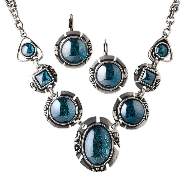 Necklace and earring set, glass with antique silver-plated steel and "pewter" (zinc-based alloy), teal and green, oval, 15" to 16" necklace with lobster claw clasp, 25mm earrings with round and leverback ear wire. Sold per set. image number 0