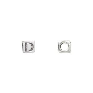 Bead, sterling silver, 5.5mm cube with alphabet letter "D." Sold individually.